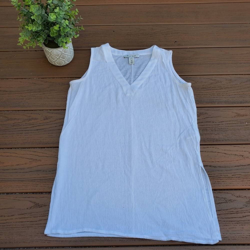 White House Black Market WHBM Linen Tunic Shirt Sleeveless Gauze Tank Top XXS - Picture 1 of 7